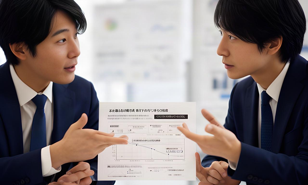 試行結果の資料を見ながら評価観点を話し合う担当者