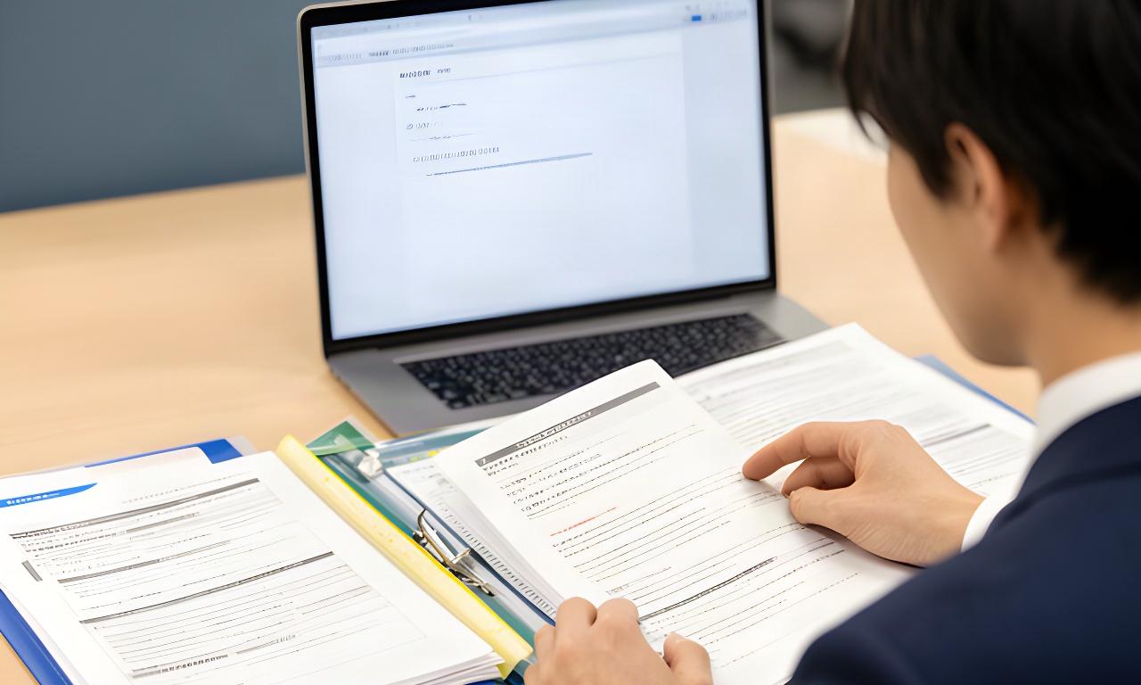 社内資料を検索し、参照元の文書を確かめる担当者