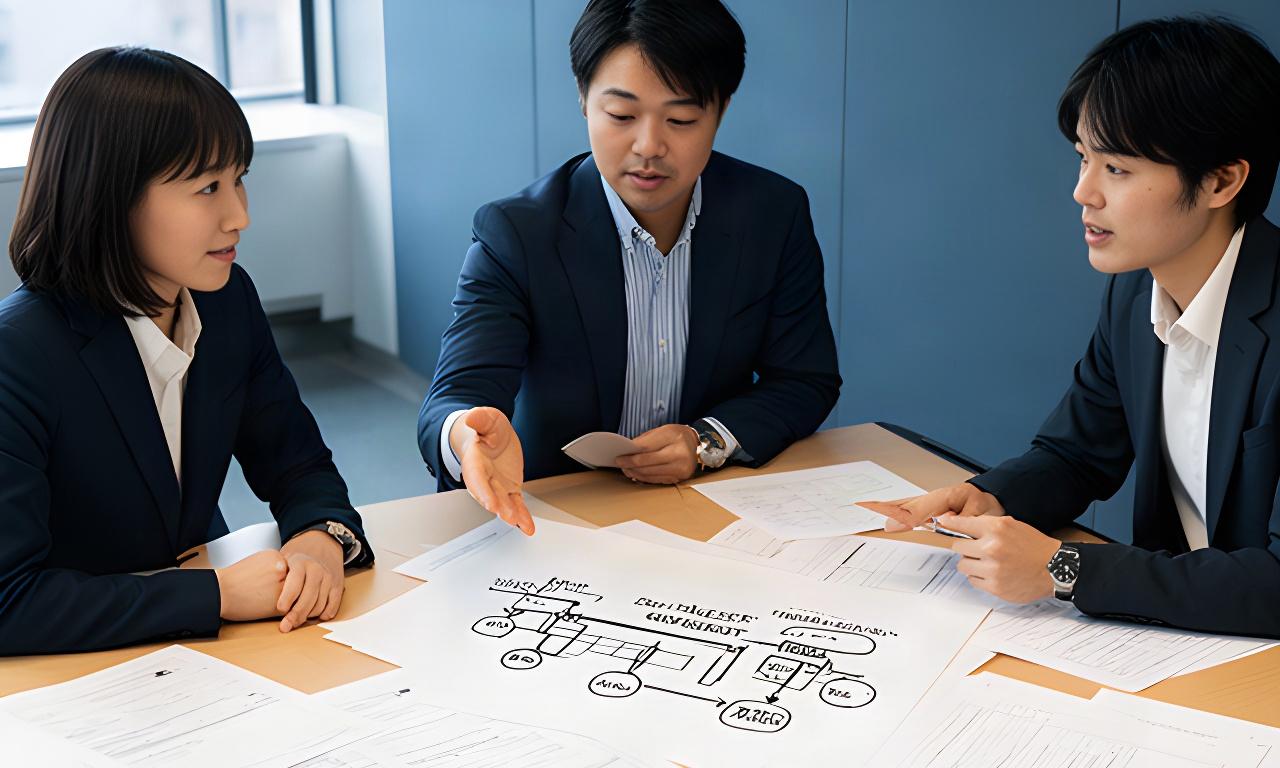 業務手順の資料を囲み、課題を話し合う担当者たち